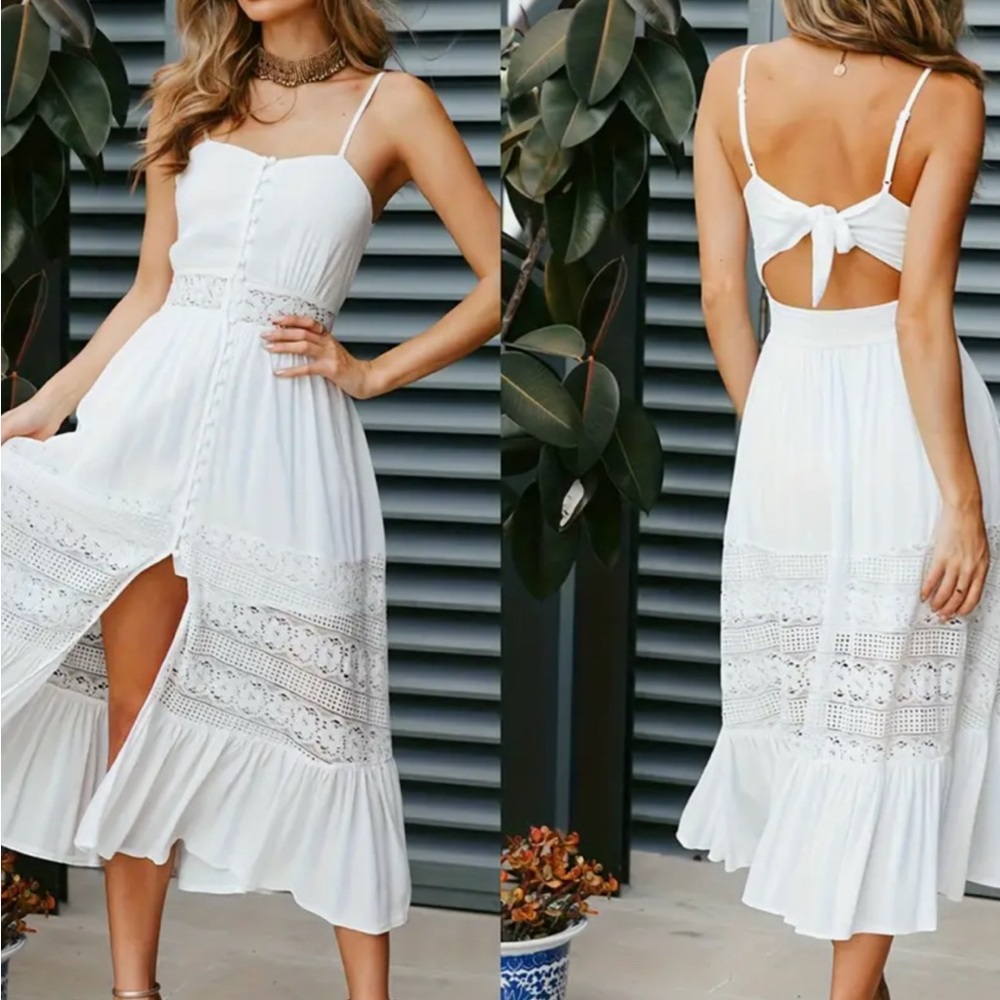 Boutique Elegant Boho White Lace Midi Dress